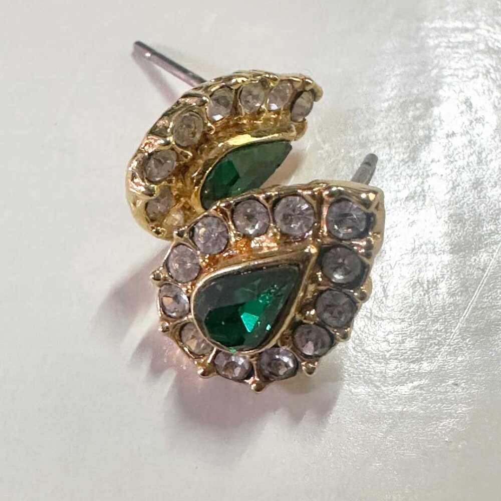 Pretty Pear Shaped Emerald Green and Rhinestone Stud Earrings